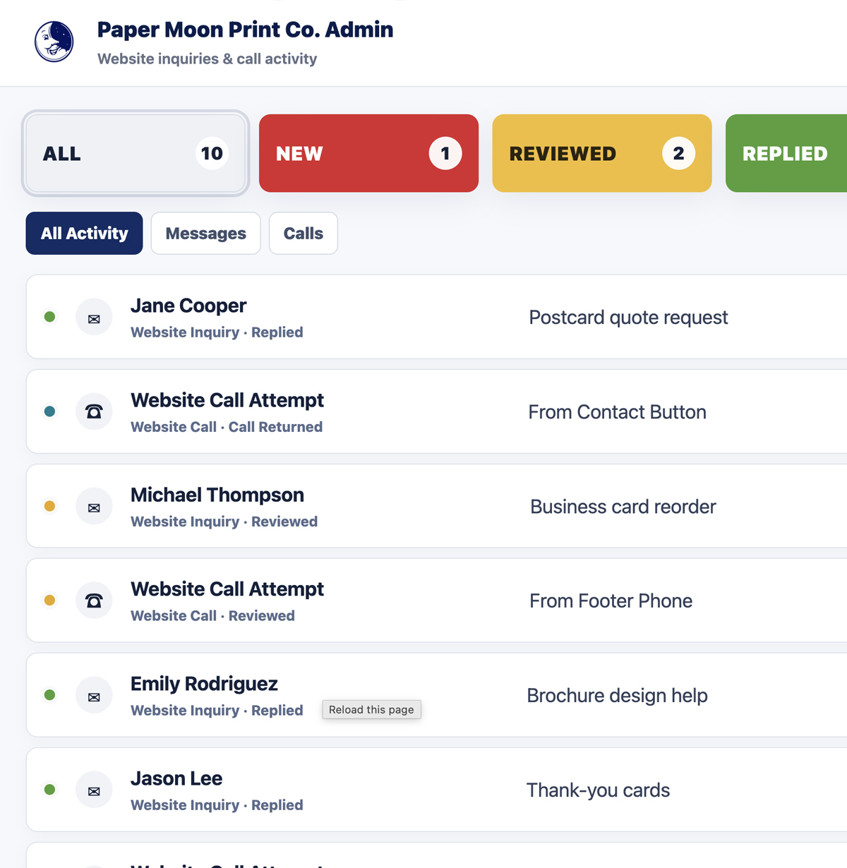 Website Lead Contact System user dashboard